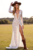 Load image into Gallery viewer, White Lace Boho Long Sleeves Sheath Western Wedding Dress with Slit