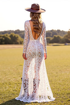 White Lace Boho Long Sleeves Sheath Western Wedding Dress with Slit