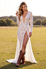 Load image into Gallery viewer, White Lace Boho Long Sleeves Sheath Western Wedding Dress with Slit