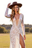Load image into Gallery viewer, White Lace Boho Long Sleeves Sheath Western Wedding Dress with Slit