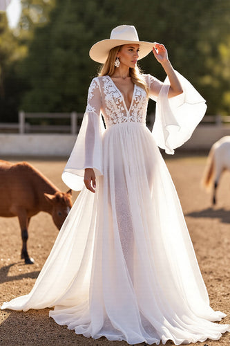 White Flare Sleeves Boho Western Chiffon Wedding Dress with Lace