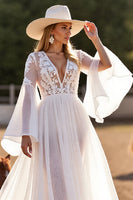 Load image into Gallery viewer, White Flare Sleeves Boho Western Chiffon Wedding Dress with Lace