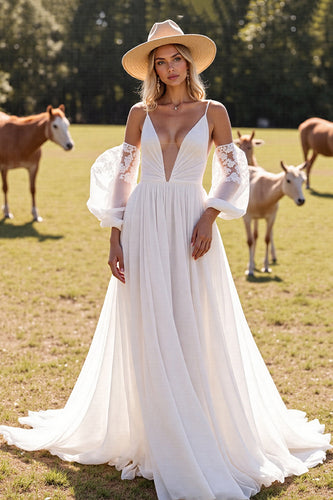 White Ruched Chiffon Boho Western Wedding Dress with Sleeves