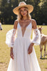 Load image into Gallery viewer, White Ruched Chiffon Boho Western Wedding Dress with Sleeves
