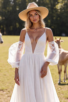 Load image into Gallery viewer, White Ruched Chiffon Boho Western Wedding Dress with Sleeves