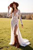 Load image into Gallery viewer, White Lace Long Sleeves Sheath Boho Western Wedding Dress with Slit