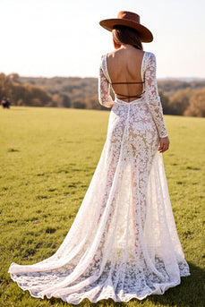White Lace Long Sleeves Sheath Boho Western Wedding Dress with Slit