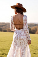 Load image into Gallery viewer, White Lace Long Sleeves Sheath Boho Western Wedding Dress with Slit