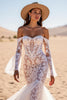Load image into Gallery viewer, White Lace Mermaid Sweep Train Boho Western Corset Wedding Dress with Sleeves