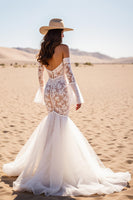 Load image into Gallery viewer, White Lace Mermaid Sweep Train Boho Western Corset Wedding Dress with Sleeves