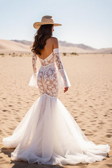 White Lace Mermaid Sweep Train Boho Western Corset Wedding Dress with Sleeves