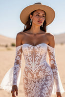 Load image into Gallery viewer, White Lace Mermaid Sweep Train Boho Western Corset Wedding Dress with Sleeves