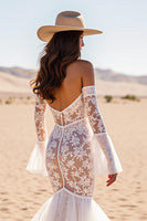 Load image into Gallery viewer, White Lace Mermaid Sweep Train Boho Western Corset Wedding Dress with Sleeves