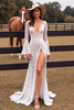 Load image into Gallery viewer, White Lace Sheath Flare Sleeves Boho Western Wedding Dress with Slit