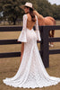 Load image into Gallery viewer, White Lace Sheath Flare Sleeves Boho Western Wedding Dress with Slit