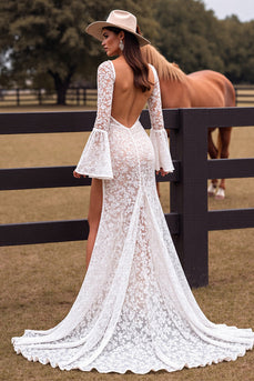 White Lace Sheath Flare Sleeves Boho Western Wedding Dress with Slit