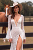 Load image into Gallery viewer, White Lace Sheath Flare Sleeves Boho Western Wedding Dress with Slit