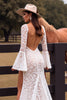 Load image into Gallery viewer, White Lace Sheath Flare Sleeves Boho Western Wedding Dress with Slit