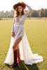 Load image into Gallery viewer, Boho White Long Sleeves Lace Western Wedding Dress with Slit