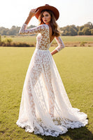 Load image into Gallery viewer, Boho White Long Sleeves Lace Western Wedding Dress with Slit