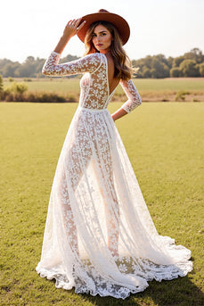 Boho White Long Sleeves Lace Western Wedding Dress with Slit