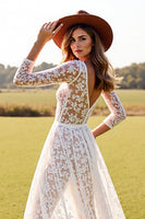 Load image into Gallery viewer, Boho White Long Sleeves Lace Western Wedding Dress with Slit