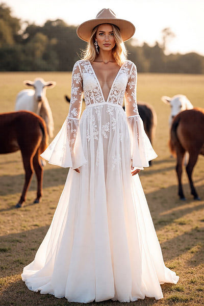 Boho White Flare Sleeves Western Corset Wedding Dress with Appliques