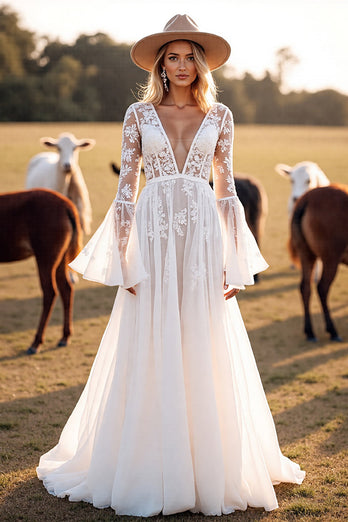 Boho White Flare Sleeves Western Corset Wedding Dress with Appliques
