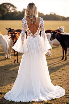 Boho White Flare Sleeves Western Corset Wedding Dress with Appliques