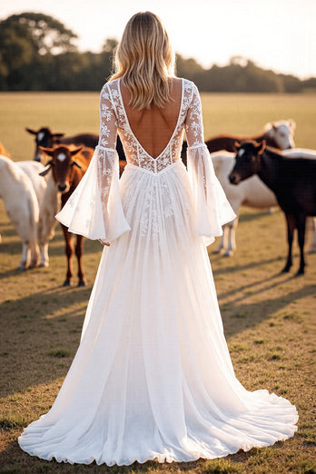 Boho White Flare Sleeves Western Corset Wedding Dress with Appliques