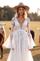 Load image into Gallery viewer, Boho White Flare Sleeves Western Corset Wedding Dress with Appliques