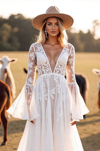 Boho White Flare Sleeves Western Corset Wedding Dress with Appliques