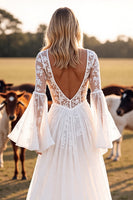 Load image into Gallery viewer, Boho White Flare Sleeves Western Corset Wedding Dress with Appliques
