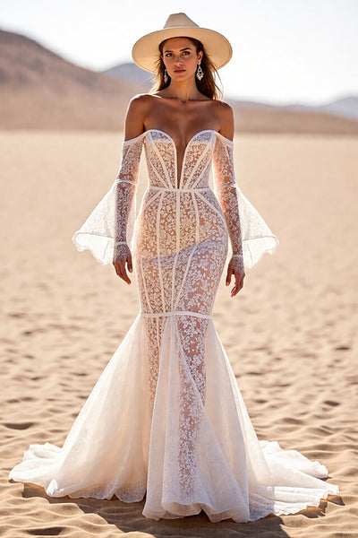 Boho White Flare Sleeves Lace Western Corset Wedding Dress