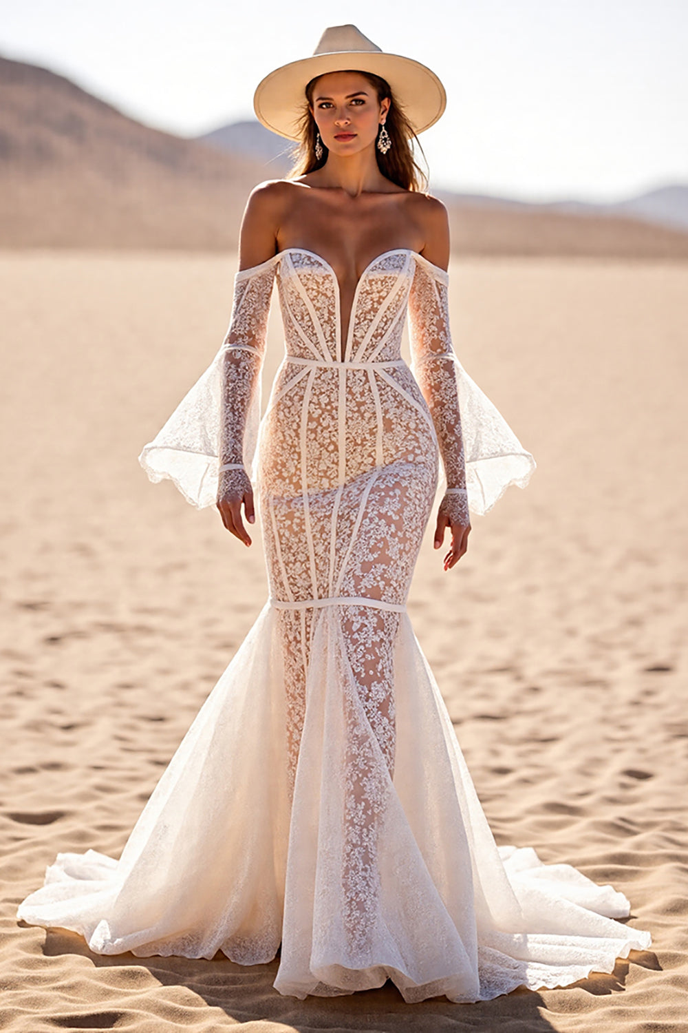 Boho White Flare Sleeves Lace Western Corset Wedding Dress