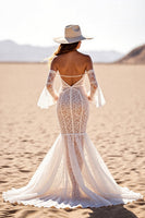 Load image into Gallery viewer, Boho White Flare Sleeves Lace Western Corset Wedding Dress