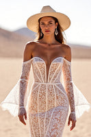 Load image into Gallery viewer, Boho White Flare Sleeves Lace Western Corset Wedding Dress
