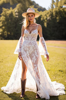 Load image into Gallery viewer, Boho White Lace Sweep Train Western Corset Wedding Dress with Sleeves