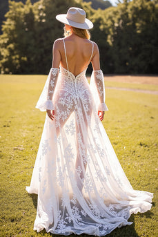 Boho White Lace Sweep Train Western Corset Wedding Dress with Sleeves