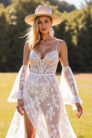 Load image into Gallery viewer, Boho White Lace Sweep Train Western Corset Wedding Dress with Sleeves