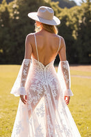 Load image into Gallery viewer, Boho White Lace Sweep Train Western Corset Wedding Dress with Sleeves