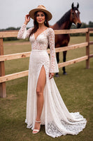 Load image into Gallery viewer, Boho White V-Neck Sweep Train Western Corset Wedding Dress with Slit