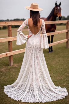 Boho White V-Neck Sweep Train Western Corset Wedding Dress with Slit