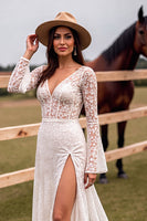 Load image into Gallery viewer, Boho White V-Neck Sweep Train Western Corset Wedding Dress with Slit