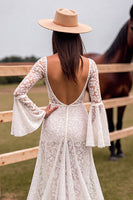 Load image into Gallery viewer, Boho White V-Neck Sweep Train Western Corset Wedding Dress with Slit