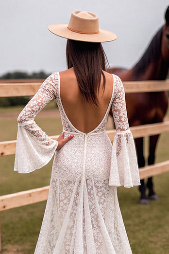 Boho White V-Neck Sweep Train Western Corset Wedding Dress with Slit
