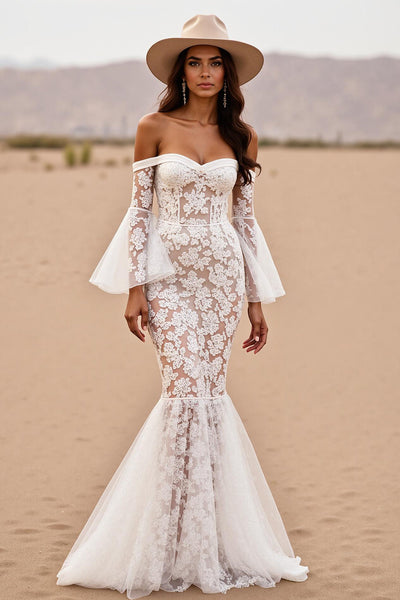 Boho Mermaid White Lace Corset Western Wedding Dress with Sleeves