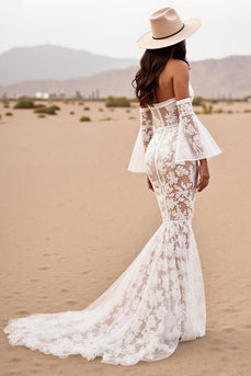 Boho Mermaid White Lace Corset Western Wedding Dress with Sleeves