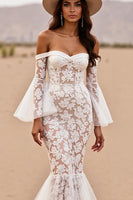 Load image into Gallery viewer, Boho Mermaid White Lace Corset Western Wedding Dress with Sleeves