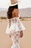 Load image into Gallery viewer, Boho Mermaid White Lace Corset Western Wedding Dress with Sleeves